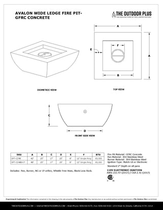 Avalon Wide Ledge Square Fire Table - Concrete (GFRC) - Modofire