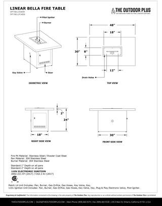 Bella Linear Rectangle Fire Table - Powder Coated Steel - Modofire