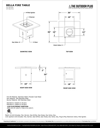 Bella Square Fire Table - Powder Coated Steel - Modofire