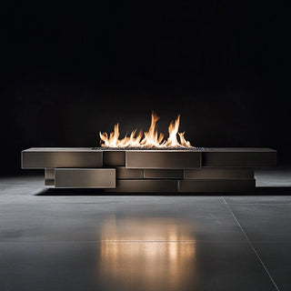 Modern outdoor fireplace with flames on a dark background