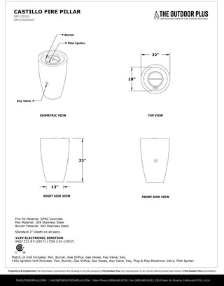 Castillo Round Fire Bowl Pillar - Concrete (GFRC) - with Access Door - Modofire