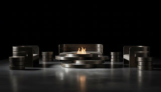 Modern black fire pit with flames on a dark background