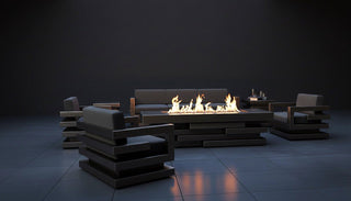 Modern outdoor patio set with fire pit on a dark background