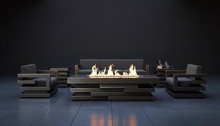 Modern outdoor furniture set with a fire pit on a dark background