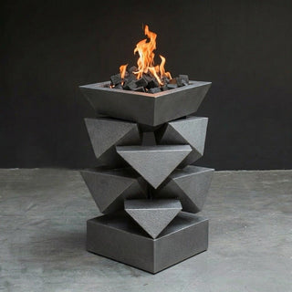 Geometric fire pit with flames on a dark background